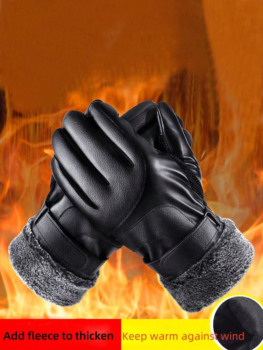 Găng tay da PU cho nam, dày và lót nhiệt, chống gió, chống thấm nước, chống trượt, có thể sử dụng màn hình cảm ứng khi đạp xe, mùa đông