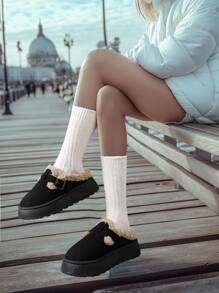 2025年女士新款一脚蹬毛绒拖鞋，冬季户外穿着，厚衬里，温暖，厚底，增高，一脚蹬扣，绒面革材质，加大码，黑色雪地靴 - 黑色 - 查看 2