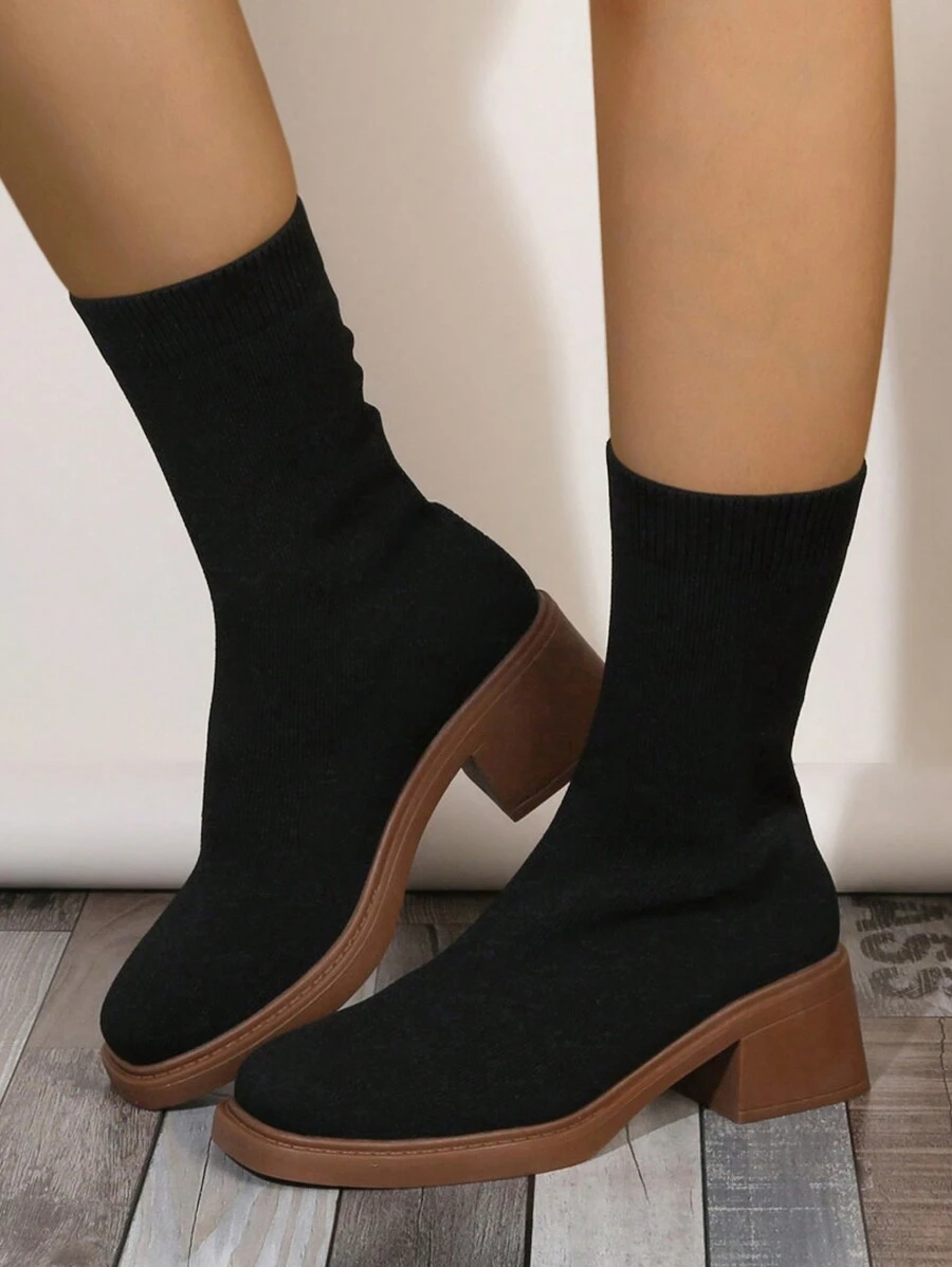 New Women Fashion Minimalist Chunky Heel Slip-On Breathable Knitted Ankle Boots And Short Boots