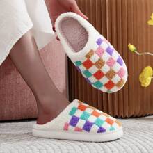 Fashionable Checkered Winter Indoor Warm Embroidered Cute Multi-Colored Checkerboard Pattern White Headcover Thick Bottom Fleece Thicken Slippers, Holiday Gift - White - View 10
