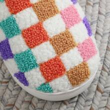 Fashionable Checkered Winter Indoor Warm Embroidered Cute Multi-Colored Checkerboard Pattern White Headcover Thick Bottom Fleece Thicken Slippers, Holiday Gift - White - View 6