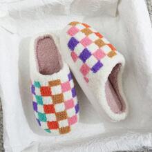 Fashionable Checkered Winter Indoor Warm Embroidered Cute Multi-Colored Checkerboard Pattern White Headcover Thick Bottom Fleece Thicken Slippers, Holiday Gift - White - View 3