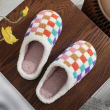 Fashionable Checkered Winter Indoor Warm Embroidered Cute Multi-Colored Checkerboard Pattern White Headcover Thick Bottom Fleece Thicken Slippers, Holiday Gift - White - View 5