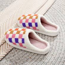 Fashionable Checkered Winter Indoor Warm Embroidered Cute Multi-Colored Checkerboard Pattern White Headcover Thick Bottom Fleece Thicken Slippers, Holiday Gift - White - View 4