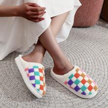 Fashionable Checkered Winter Indoor Warm Embroidered Cute Multi-Colored Checkerboard Pattern White Headcover Thick Bottom Fleece Thicken Slippers, Holiday Gift - White - View 9