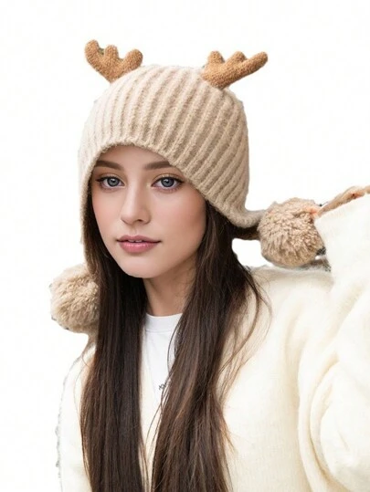 1pc Women's Solid Color Fuzzy Antler Thick Knitted Hat, Warm Ear-Protective, Suitable For Casual, Elegant, Vintage Street Style, Fashionable, Suitable For Outdoor, Shopping, Skiing, Riding, Travel, Party, Daily Use