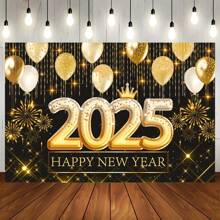 Tło na Sylwestra 2025 - Złoty i czarny balon, dekoracja na imprezę noworoczną, poliestrowa zawieszka ścienna, nie wymaga prądu ani piór, świąteczna dekoracja na przyjęcie