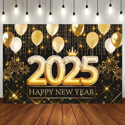 2025 年除夕夜背景 - 金色和黑色气球新年快乐派对装饰，涤纶壁挂，无需电力或羽毛，节日庆祝装饰