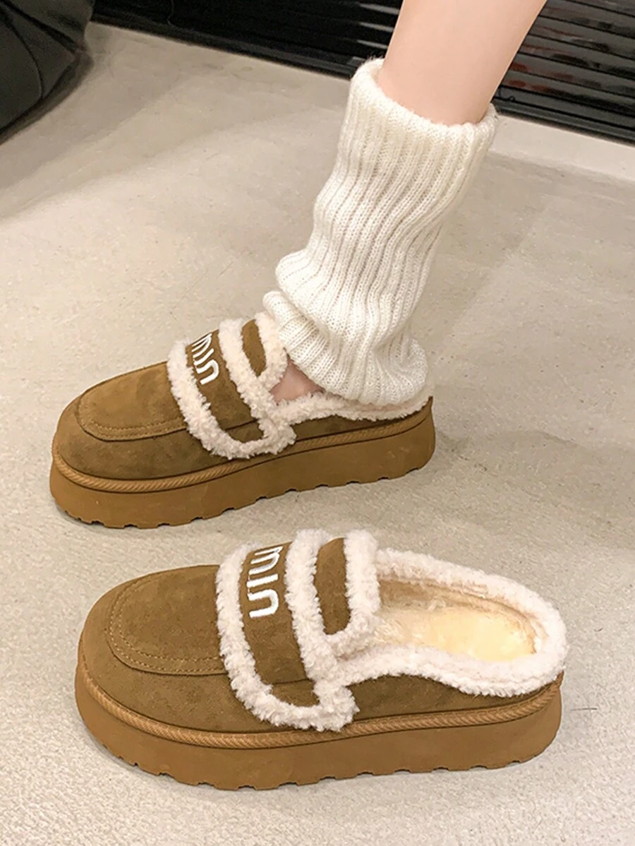 女士时尚百搭保暖棉垫防滑平底雪地靴 - 卡其色 - 查看 1