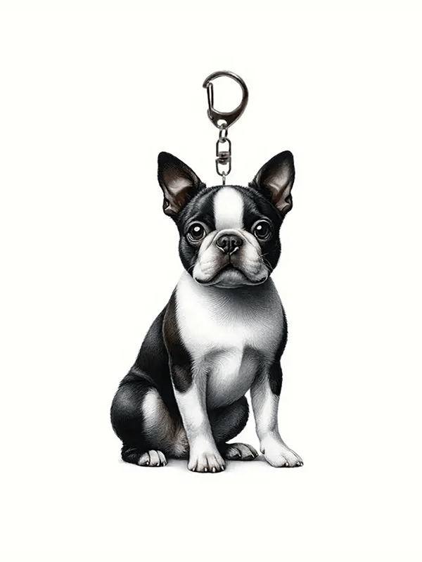 1 Stück Acryl Boston Terrier Schlüsselanhänger, süßer 2D Tier Schlüsselanhänger, strapazierfähiges cartoon-artiges Schlüssel-Accessoire, geeignet für Tierliebhaber, passend für Auto, Tasche, Rucksack, Tiere