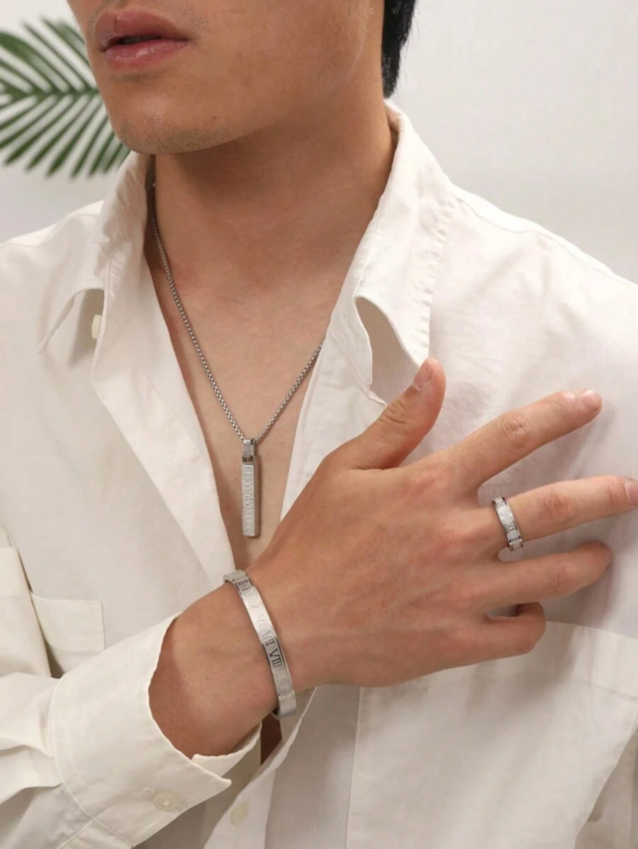 3 件套不锈钢手链、戒指和项链，带罗马数字，适合男士日常使用、圣诞节、新年、情人节节日礼物