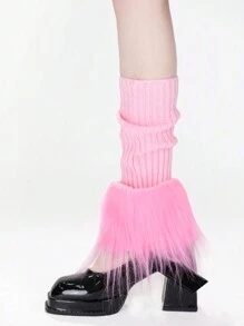 1 双彩色针织蓬松腿套，可爱时尚，适合日常、万圣节、圣诞节穿着 - 毛毛腿套 - 查看 5