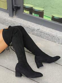 Plus Size Stretchy Over-The-Knee Boots, Chunky Heel Black Pointed Toe High Heel Boots