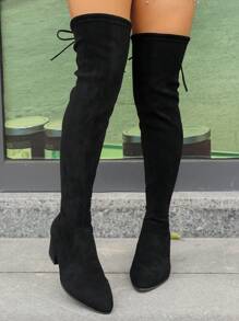 Plus Size Stretchy Over-The-Knee Boots, Chunky Heel Black Pointed Toe High Heel Boots