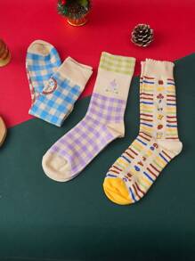 3 双格子 + 可爱英文字母 + 条纹格子水果蔬菜图案女士袜子，秋冬，材质：涤纶 - 彩色 - 查看 3