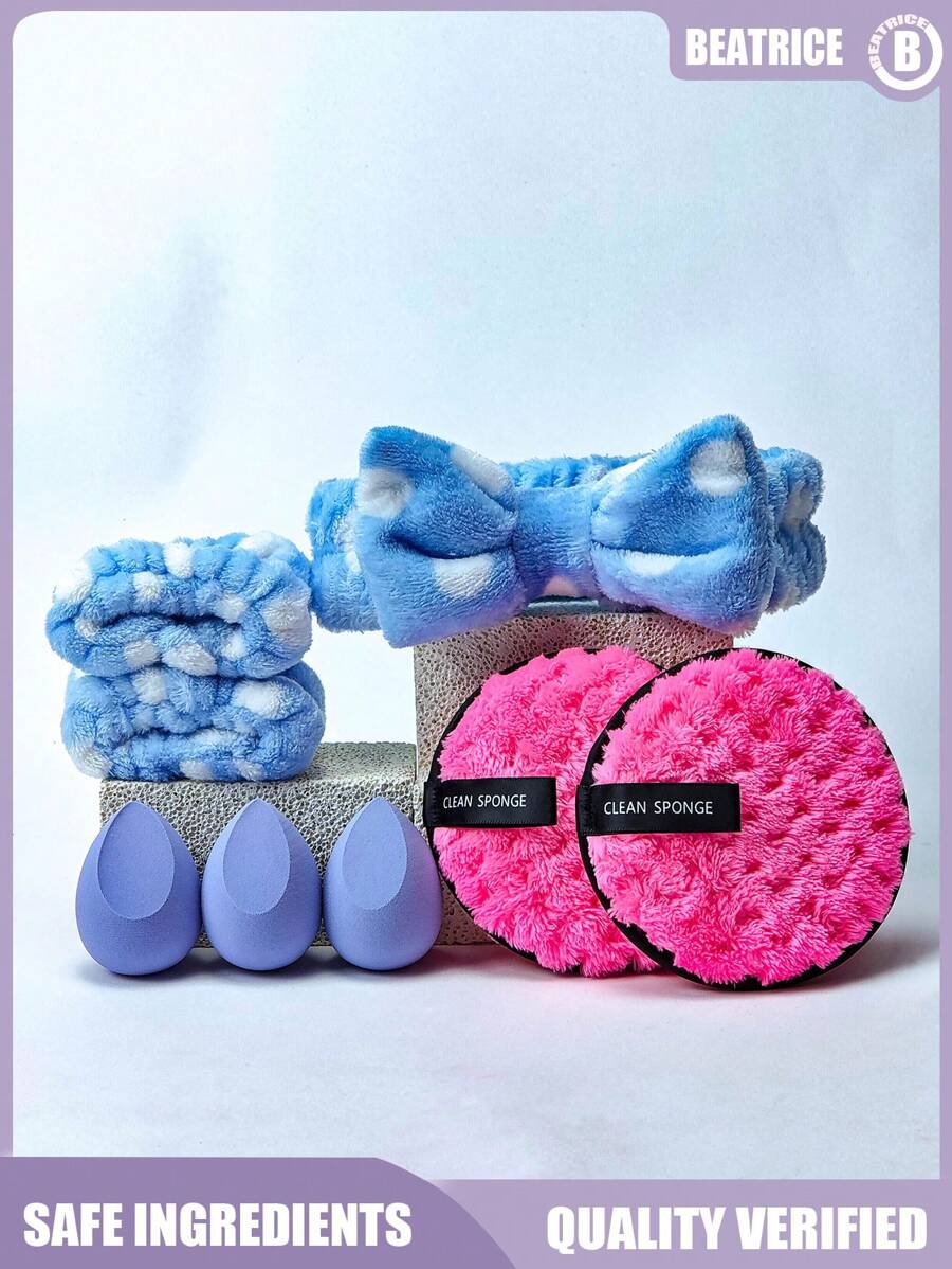 Bộ 1/2/3/8 miếng mút trang điểm, bao gồm 3 miếng mút trang điểm, 1 băng đô, 2 dây đeo cổ tay, 2 miếng tẩy trang, phù hợp với mọi loại da,