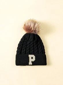 1 件儿童字母设计冬季毛绒球帽 - 黑色 - 查看 28