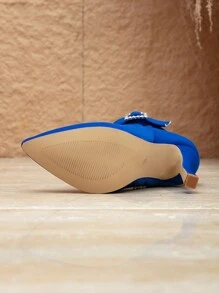 Damskie, nowe, modne, krótkie botki, stylowe, uniwersalne, jesienno-zimowe, z paskiem z klamrą ze strasu, ze szpiczastym noskiem, na wysokim obcasie, w kolorze niebieskim, idealne na Halloween, Boże Narodzenie, Święto Dziękczynienia i Nowy Rok - Niebieski - Zobacz 7