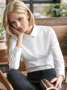 Women White Formal Blouse With Hidden Buttons, Long Sleeve Fitted Work Shirt, Office Lady Wear - White - View 3