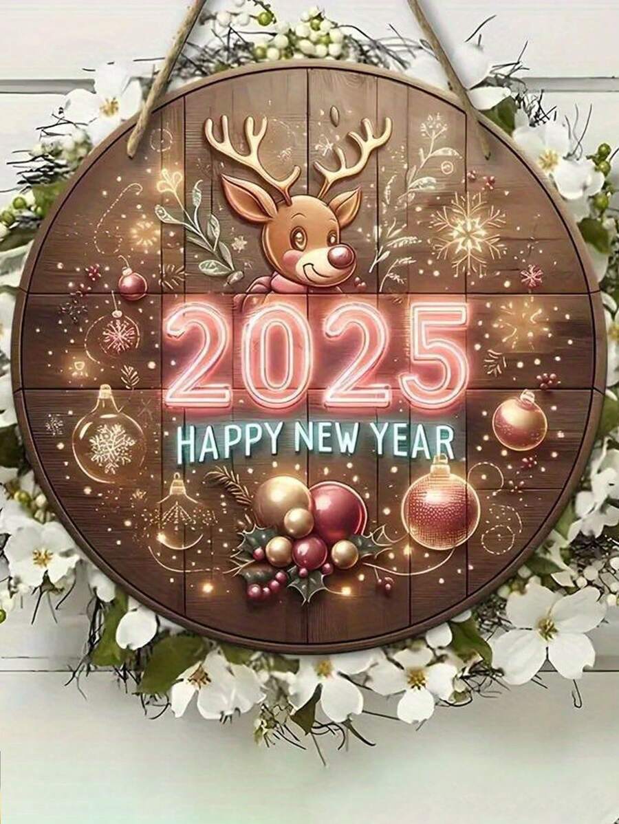 2025 新年乡村风格木制标志，节日墙壁装饰，2D 圣诞装饰，无需电池，适用于家庭和厨房装饰 - 彩色 - 查看 1