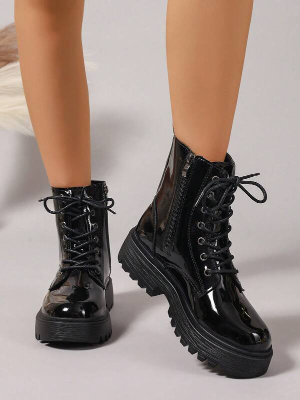 Women's Fashion Versatile Patent Leather Soft Comfortable Lace-Up Boots, Suitable For Spring, Autumn, Winter, Beige, White, Blue, Red, Black Colors Available