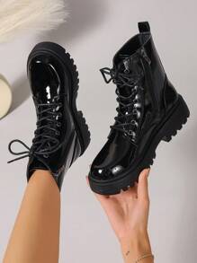 女士时尚百搭漆皮柔软舒适系带靴，适合春、秋、冬，米色、白色、蓝色、红色、黑色可选，女靴 - 黑色 - 查看 4