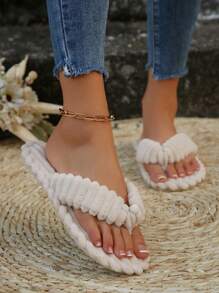 秋冬春秋新款女士拖鞋 时尚条纹黑色、米色、粉色 舒适防滑平底室内卧室人字拖，毛绒拖鞋