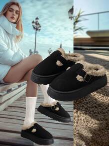 2025年女士新款一脚蹬毛绒拖鞋，冬季户外穿着，厚衬里，温暖，厚底，增高，一脚蹬扣，绒面革材质，加大码，黑色雪地靴 - 黑色 - 查看 1