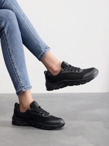 女士运动鞋，休闲低帮平底运动鞋，时尚步行运动鞋，适合日常穿着；女士时尚系带低帮平底运动鞋，休闲百搭运动鞋；适合所有季节的时尚女士休闲鞋 - 黑色 - 查看 2