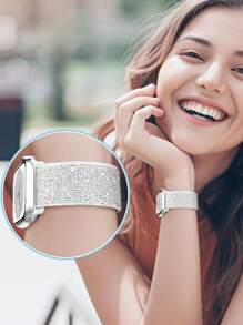 闪亮弹力尼龙表带，兼容 表带 38/40/41/42/44/45/46/49mm，亮片弹力尼龙表带，闪亮可爱亮片女士替换运动单圈腕带，兼容 Series Ultra/11/10/9/SE/8/7/6/5/4/3/2/1 - 銀色 - 查看 7