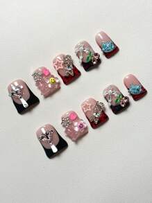 鸭嘴亚克力指甲，Y2K 坏人风格，手工蛇皮扎染指甲，金属心形，粉色心形，激光水钻，红色心形宝石，10 件/包，3 种尺寸，适合派对、夜店、日常佩戴。（注：指甲装饰颜色随机） - 彩色 - 查看 2