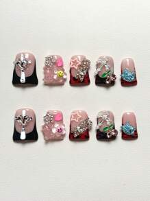 鸭嘴亚克力指甲，Y2K 坏人风格，手工蛇皮扎染指甲，金属心形，粉色心形，激光水钻，红色心形宝石，10 件/包，3 种尺寸，适合派对、夜店、日常佩戴。（注：指甲装饰颜色随机） - 彩色 - 查看 1