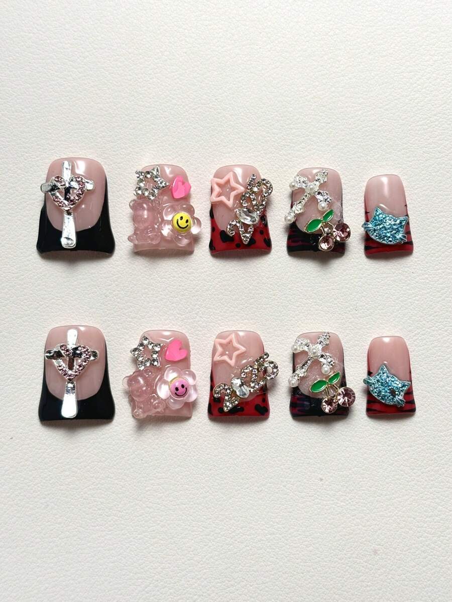 鸭嘴亚克力指甲，Y2K 坏人风格，手工蛇皮扎染指甲，金属心形，粉色心形，激光水钻，红色心形宝石，10 件/包，3 种尺寸，适合派对、夜店、日常佩戴。（注：指甲装饰颜色随机） - 彩色 - 查看 1