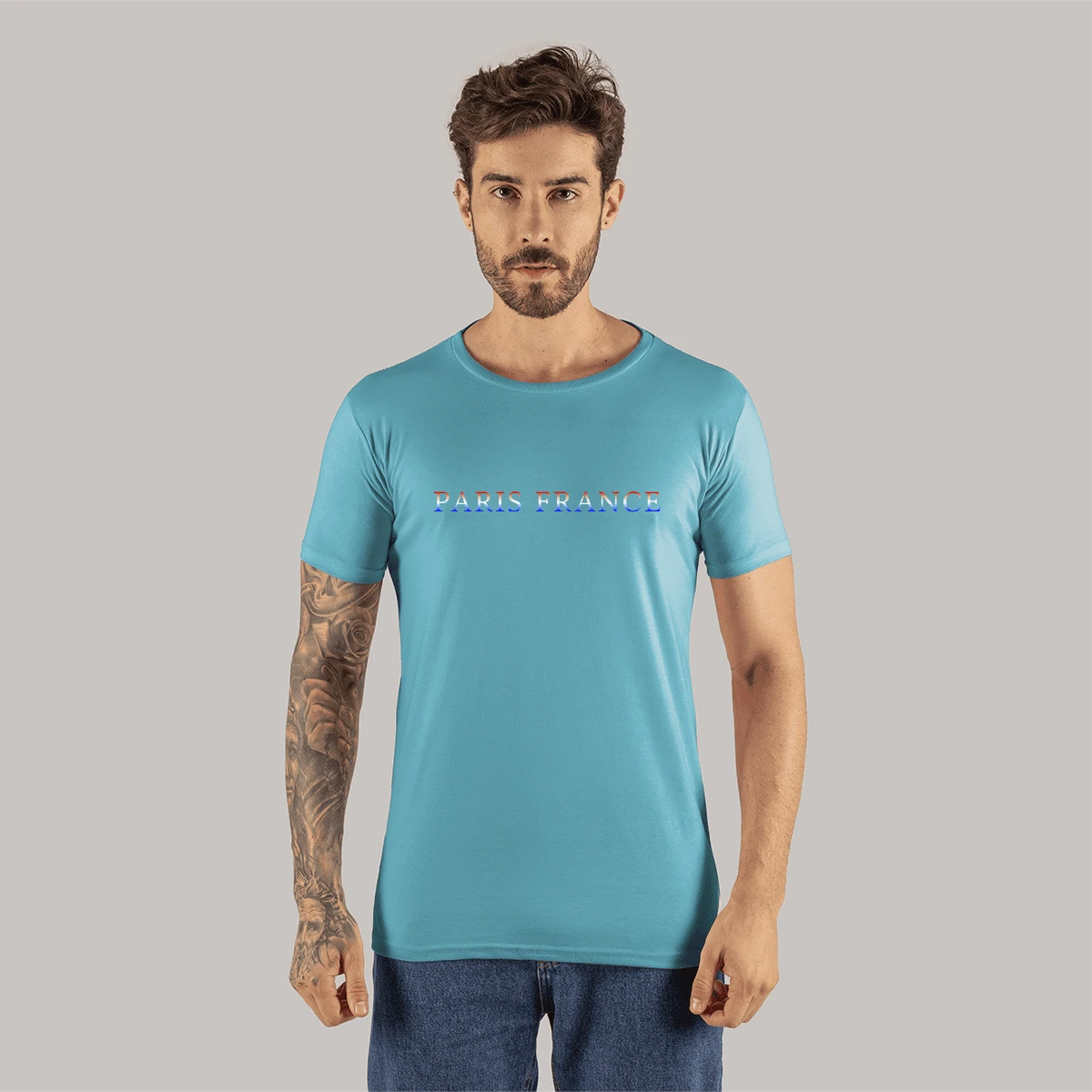 Cotton T-Shirt Streetwear Various Colors Paris Font - Màu xanh nhạt - Xem 1