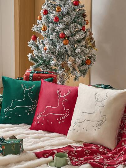 1 pieza Funda de cojín de reno navideño, Navidad dorada, Funda de cojín con copos de nieve navideños, Franela suave bordada, Estilo contemporáneo, Para decoración invernal, Funda de cojín para sofá de sala de estar, Decoración de cama, Decoración navideña, Regalo de Navidad