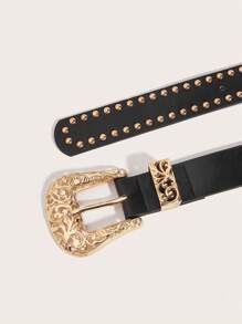 1 件西式铆钉装饰豹纹女士腰带，适合秋季、秋季、万圣节日常穿着 - 金色鉚釘皮帶 - 查看 36