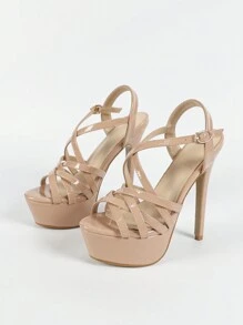 Women's Thick Sole High Heel Sandals, 14cm Super High Heel Waterproof Platform Peep-Toe Stilettos, Red - Coral Pink - View 6