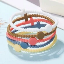 Bộ 5 chiếc/Bộ Vòng tay silicon nhiều lớp hình chữ thập màu Macaron, Vòng đeo tay sáng tạo cá nhân hóa cho trẻ em và người lớn, Màu ngẫu nhiên, Quà tặng Giáng sinh, Năm mới, Ngày lễ tình nhân - Nhiều màu - Xem 10