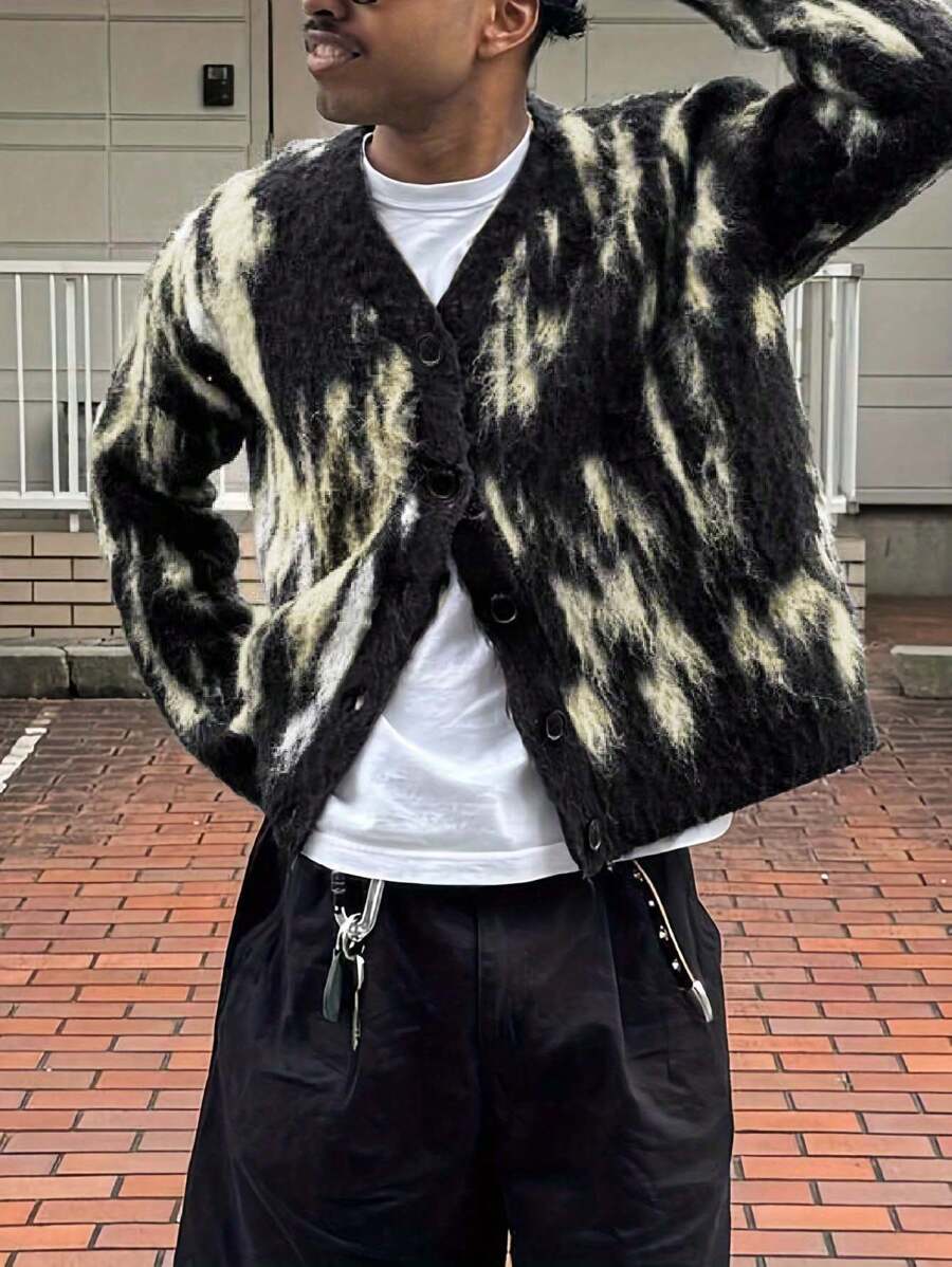 Estilo callejero informal unisex Moda casual Cárdigan de cuello en V con botones de estilo Hip-Hop, suéter holgado de punto con patrón asimétrico vintage, adecuado para primavera, otoño e invierno