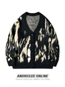 Estilo callejero informal unisex Moda casual Cárdigan de cuello en V con botones de estilo Hip-Hop, suéter holgado de punto con patrón asimétrico vintage, adecuado para primavera, otoño e invierno