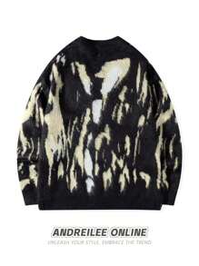 Estilo callejero informal unisex Moda casual Cárdigan de cuello en V con botones de estilo Hip-Hop, suéter holgado de punto con patrón asimétrico vintage, adecuado para primavera, otoño e invierno