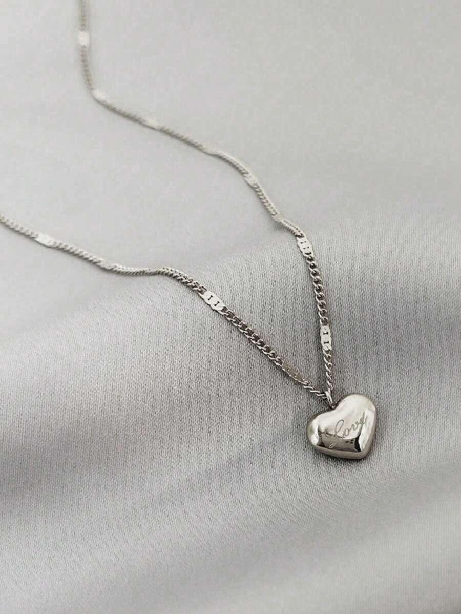 1件简约百搭心形吊坠项链，复古休闲风格，适合女孩佩戴 - 銀色 - 查看 1