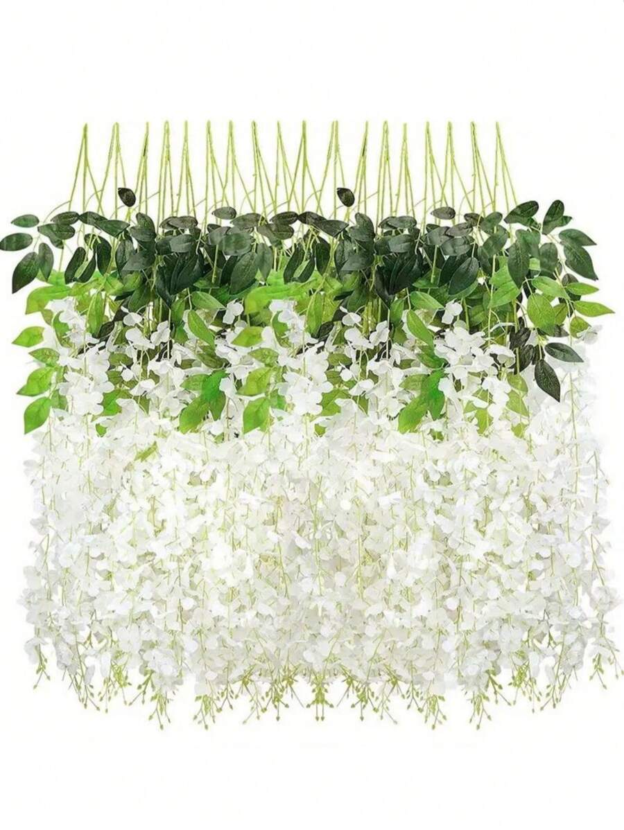3/12/24/36pcs White Wisteria Artificial Flowers, Long Hanging Silk Flower Wreath, Fake Flowers For Wedding Decor, Holiday Party, Garden, Dining Table, Home Decoration, Room Decor, Autumn Decor, Garden Decor, Artificial Flowers For Back To School Season, Christmas, Thanksgiving, Gifts, Wall Hanging - White - View 1