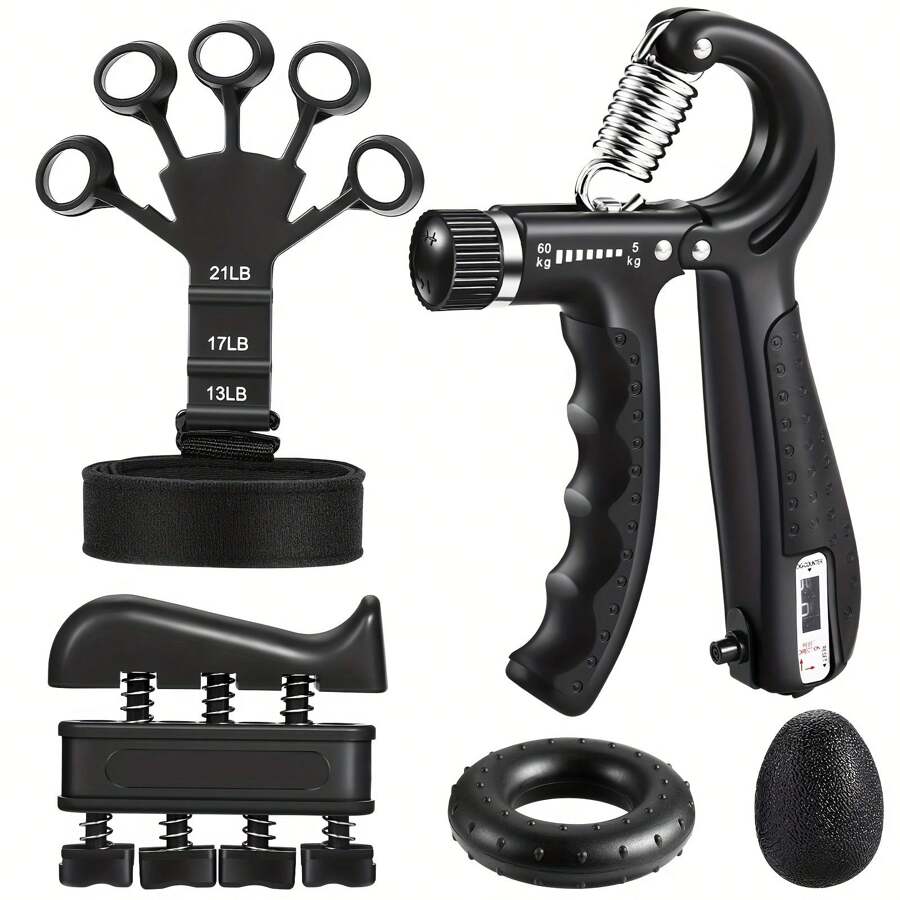 5pcs Strength Trainer Kit With Finger Exerciser, Hand Grip Strengthener, Hand Extension Exerciser, Grip Ball And Forearm Workout For Muscle Building - màu đen - Xem 1