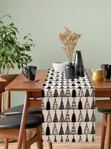 1 buah Taplak Meja Motif Pohon Natal, Taplak Meja Rias Motif Bunga Natal Garis Merah Latar Belakang Vintage, Taplak Meja Panjang untuk Dapur, Restoran, dan Meja Kopi, Cocok untuk Pesta Gaya Rumah Pertanian - Hitam - View 1