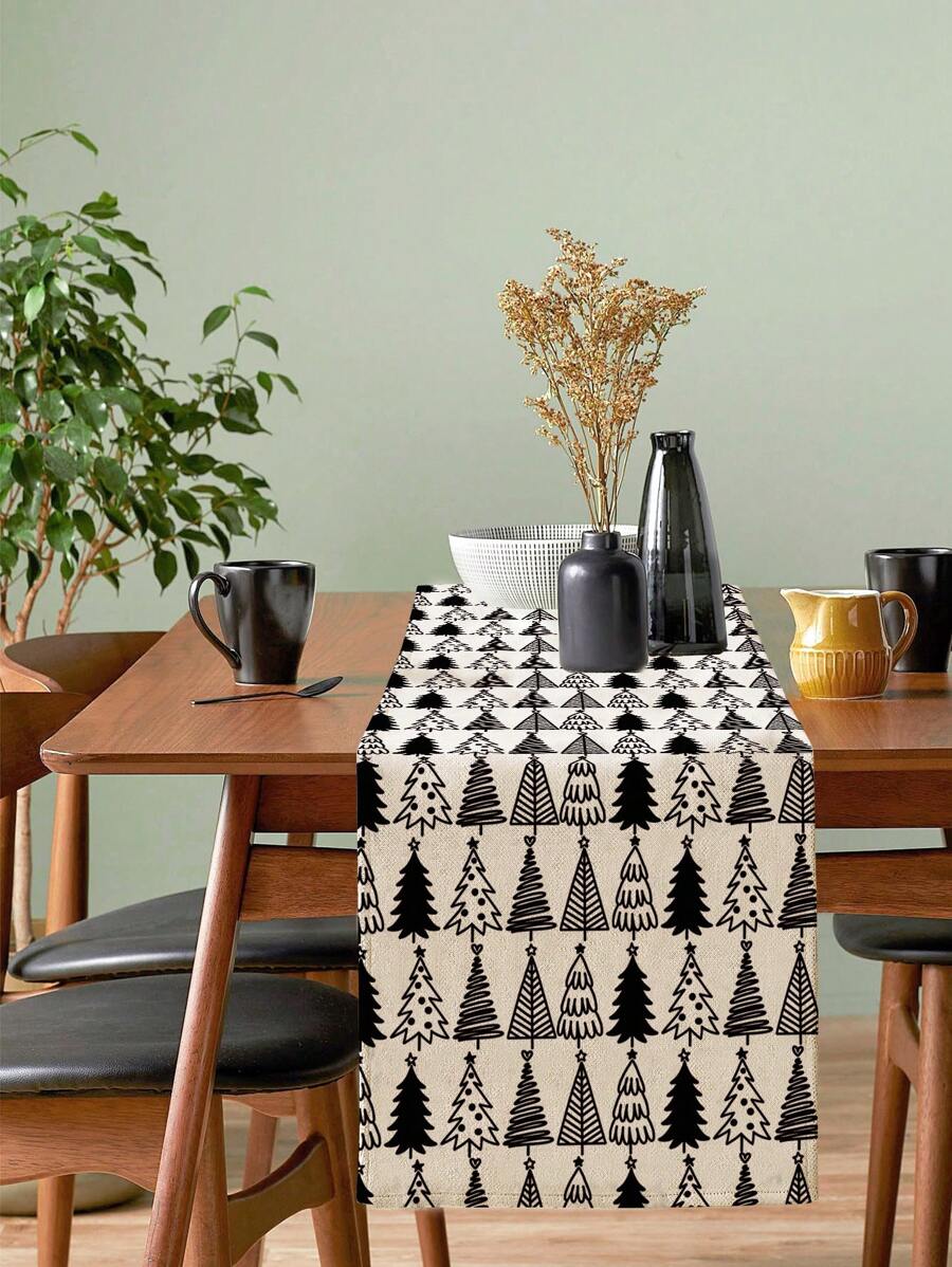 1 buah Taplak Meja Motif Pohon Natal, Taplak Meja Rias Motif Bunga Natal Garis Merah Latar Belakang Vintage, Taplak Meja Panjang untuk Dapur, Restoran, dan Meja Kopi, Cocok untuk Pesta Gaya Rumah Pertanian - Hitam - View 1