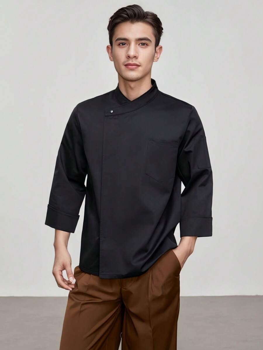 New Fashion Chef Workwear, Classic Black Unisex Long Sleeve, High-End Hotel Kitchen, Western Restaurant, Bakery, Cafe Uniform. Skin-Friendly, Comfortable, Thicker Fabric, Durable, Wrinkle-Resistant, Quick-Drying, Breathable, Diagonal Front Buttons, Improved Overall Quality, Horseshoe Cuff Design, Flexible Wearing