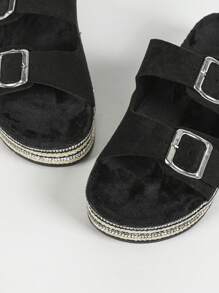 roulvxiang 全新休闲家居户外服饰厚底黑色鞋带水钻亮片、编织绳边女式拖鞋 - 黑色 - 查看 7