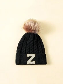 1 件儿童字母设计冬季毛绒球帽 - 黑色 - 查看 54