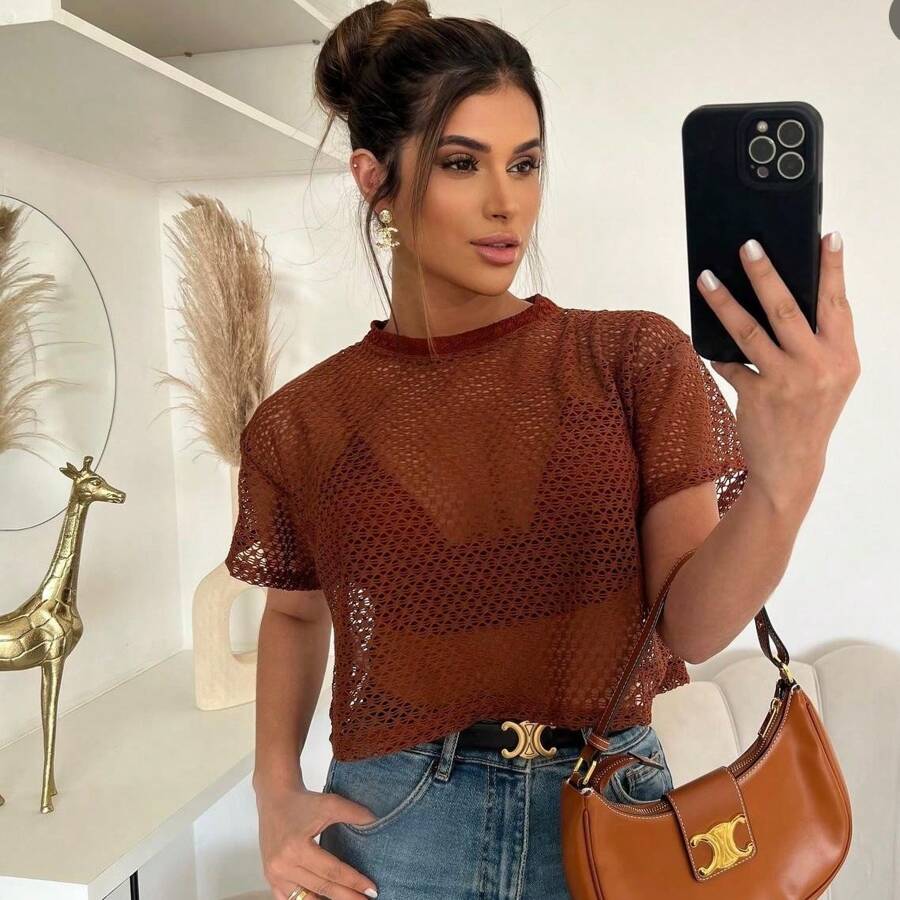 Candy Colors Summer Fishnet Top And Crop Set - Rỉ Nâu - Xem 1